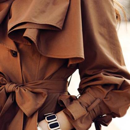 Elegant Brown Ruffled Double Breasted Trench Coat..