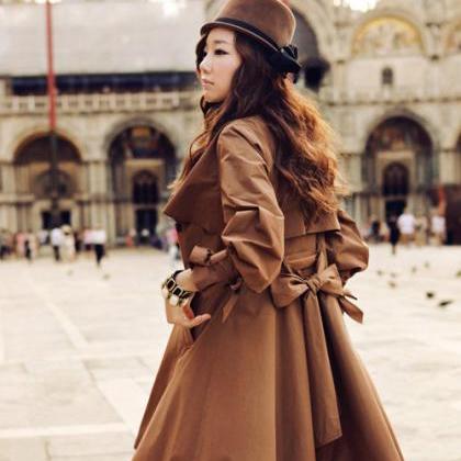 Elegant Brown Ruffled Double Breasted Trench Coat..