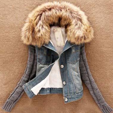 Hooded Faux Fur Design Patchwork Denim Coat..