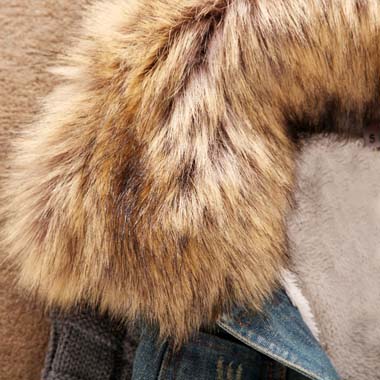Hooded Faux Fur Design Patchwork Denim Coat..