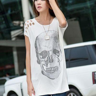 Skull Design White Loose T Shirt..