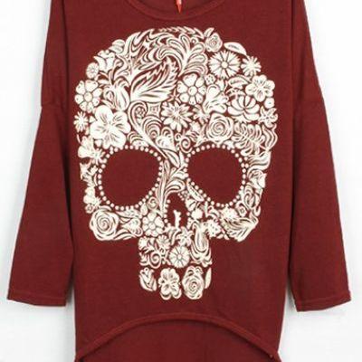 Skull Pattern Red Loose T Shirt..