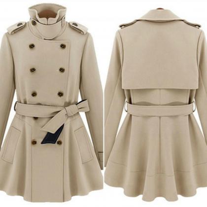 Stylish Double Breasted Turn Down Collar Trench..