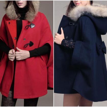 Stylish Faux Fur Hooded Coat With Bow..
