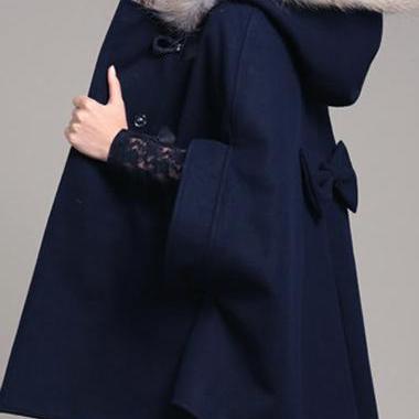 Stylish Faux Fur Hooded Coat With Bow..
